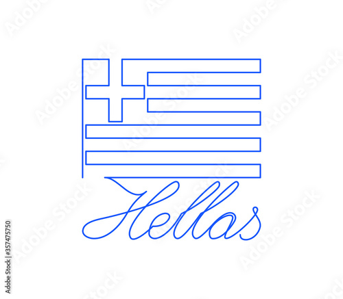 Handwritten greek inscription GREECE and outline flag. Continuous one line drawing. Patriotic concept of unity.