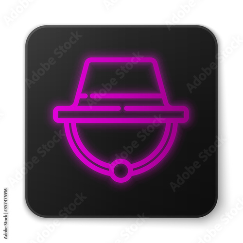 Glowing neon line Camping hat icon isolated on white background. Beach hat panama. Explorer travelers hat for hunting, hiking, tourism. Black square button. Vector Illustration