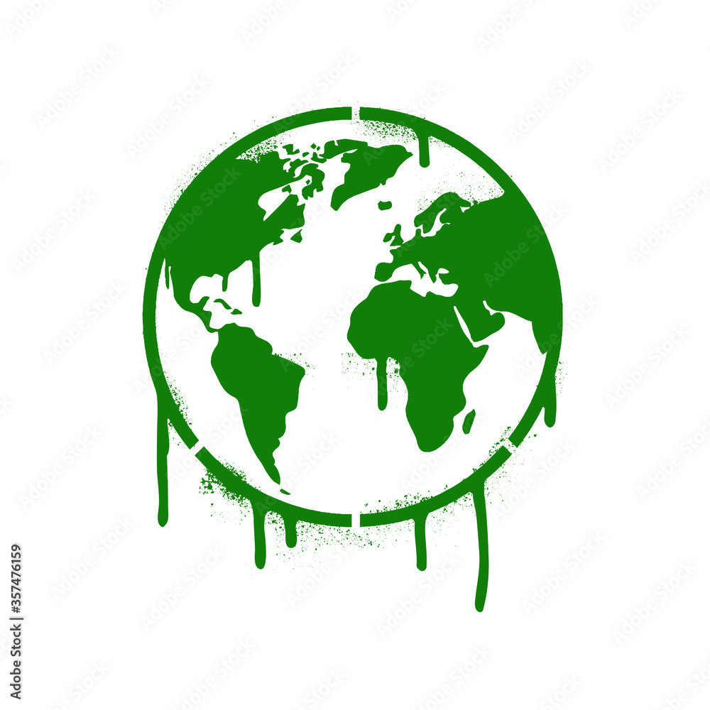 Green planet Earth. Spray paint graffiti stencil with copious leakage. White background. Global warming and climate change concept.