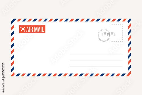 air mail letter vector. post stamp. airmail frame postcard. blue red stripes pattern. mockup template envelope. on white background. retro vintage blank message. world international label