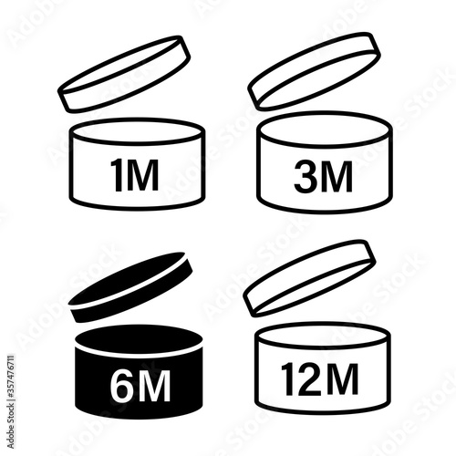 pao symbol shelf life vector icon. cosmetic open period use logo. 3, 6, 12, 24, 36, 3m, 6m, 12m, 24m, 36m month best before product mark. cream eu pack label. isolated white background