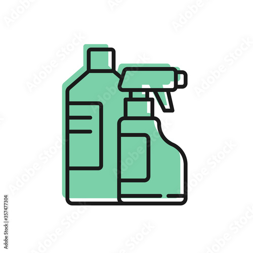 Black line Plastic bottles for laundry detergent, bleach, dishwashing liquid or another cleaning agent icon isolated on white background. Vector Illustration