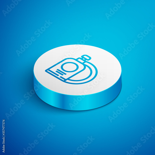 Isometric line Dishwashing liquid bottle and plate icon isolated on blue background. Liquid detergent for washing dishes. White circle button. Vector Illustration