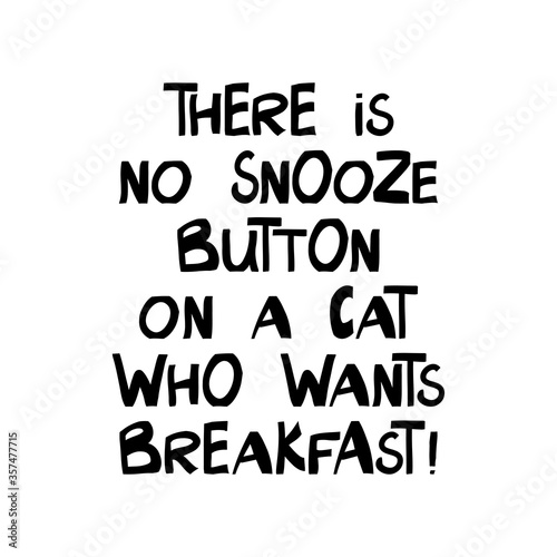 There is no snooze button on a cat who wants breakfast. Cute hand drawn lettering in modern scandinavian style. Isolated on white background. Vector stock illustration.