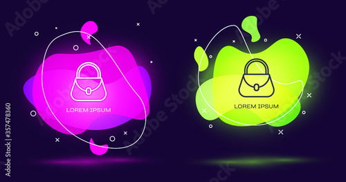 Line Handbag icon isolated on black background. Female handbag sign. Glamour casual baggage symbol. Abstract banner with liquid shapes. Vector Illustration