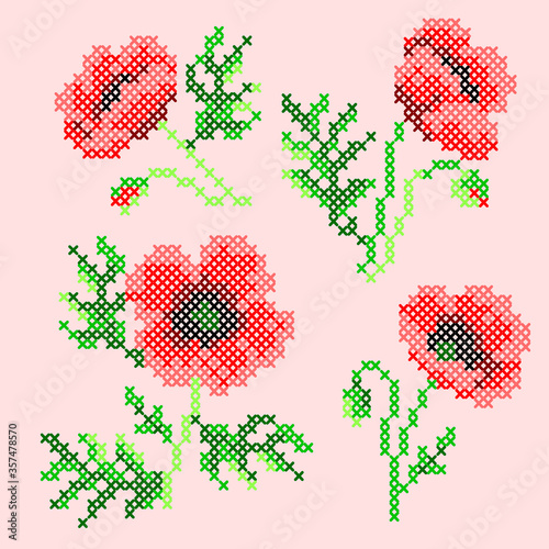vector illustration cross stitch poppy
