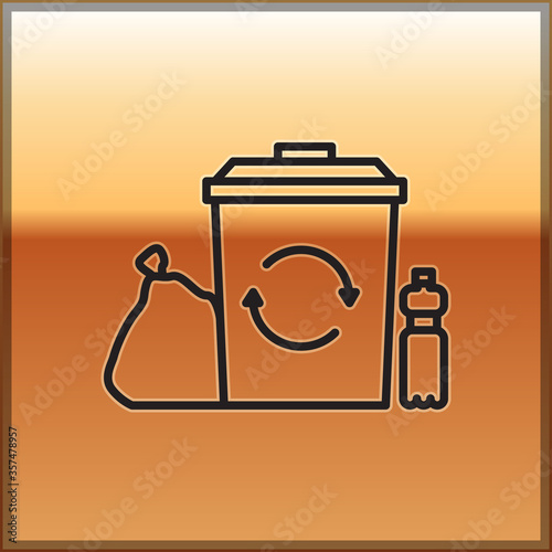 Black line Recycle bin with recycle symbol icon isolated on gold background. Trash can icon. Garbage bin sign. Recycle basket. Vector Illustration