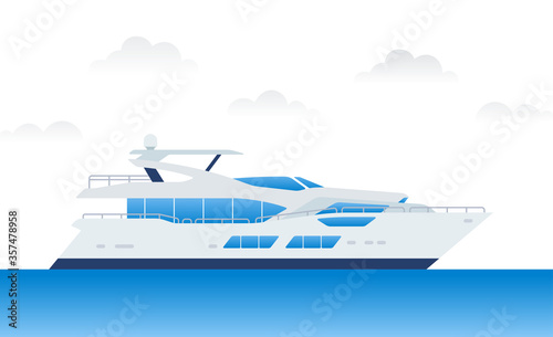 Modern motor yacht for relaxing and traveling on blue water vector illustration in a flat design.