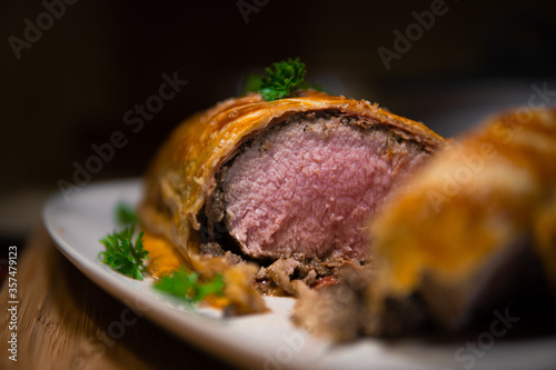 Front view of a beef wellington cut open
