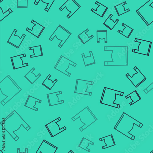 Black line Plastic bag icon isolated seamless pattern on green background. Disposable cellophane and polythene package prohibition sign. Vector Illustration