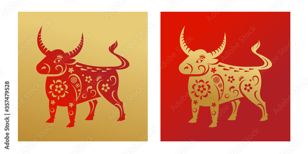 The year of the ox. Vector bull character of the Eastern calendar. Oriental concept of Chinese happy new year 2021. Red and gold colors of the illustration. Golden ox on a red background.