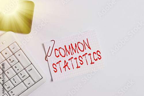 Handwriting text Common Statistics. Conceptual photo deals with collection analysis etc of numerical data White pc keyboard with empty note paper above white background and mobile phone photo