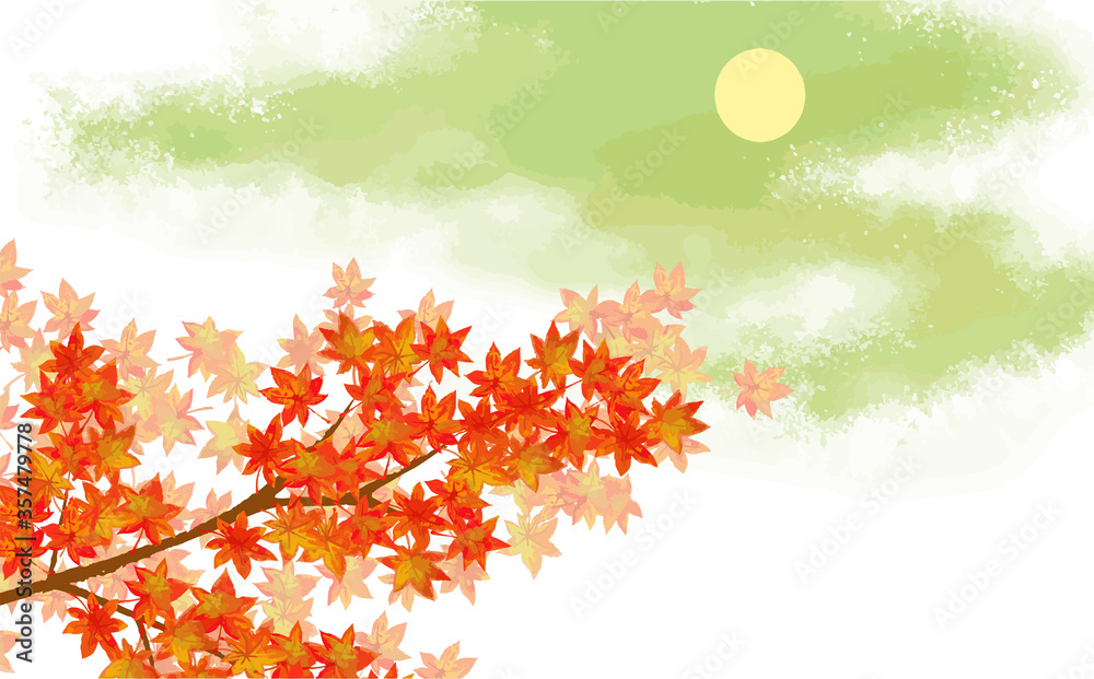 秋の風景の月と紅葉のベクターイラスト