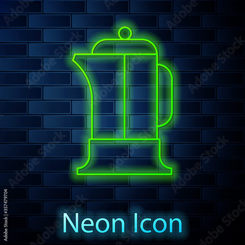 Glowing neon line French press icon isolated on brick wall background. Vector Illustration