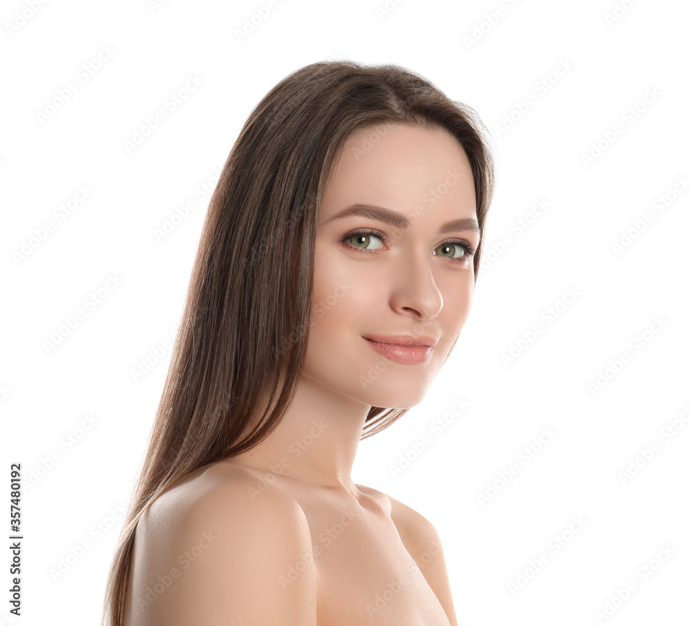 Portrait of young woman with beautiful face on white background Portrait of young woman with beautiful face on white background