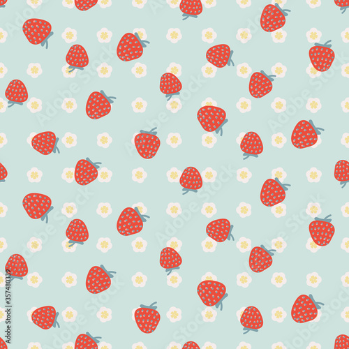 Red strawberries on light blue floral seamless vector pattern. Summertime picnic theme surface print design. For girly fabrics, stationery, and packaging.
