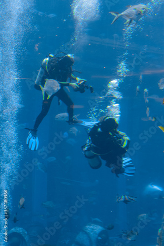 Underwater photographers on scuba dives. Divers with camera surrounded by a large number of fish in the huge aquarium. Sanya  Hainan  China.