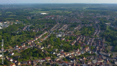   Aerial view of the city Oberbexbach in Germany on a cloudy day in spring during the coronavirus lockdown. photo