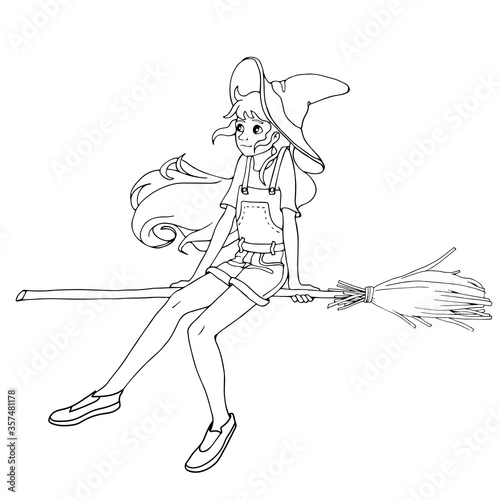 Cute cartoon witch sitting on her broom. Black and white vector illustrations for coloring book. Halloween theme. Modern outfit.