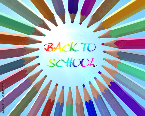 Back to school text in center of pencil color arrange around full color have sky in background with 3d rendering include alpha path pencil color only.