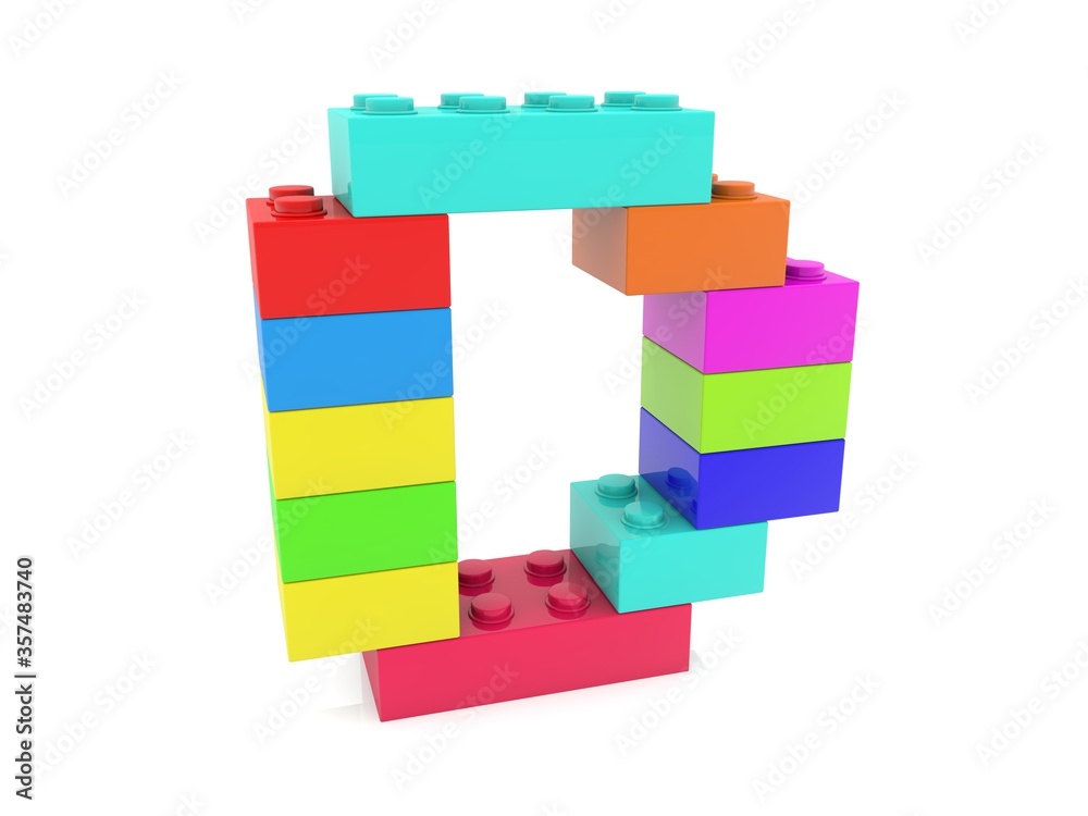 Obraz premium The letter D is composed of toy bricks of different colors on white