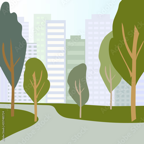 city ​​landscape. Park with trees, against the background of high multi-storey buildings. Empty city, clean streets, purification of nature. Vector illustration