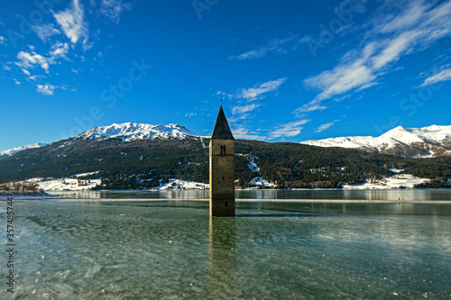 Remains of a flooded church in Reschensee.Italy.2020