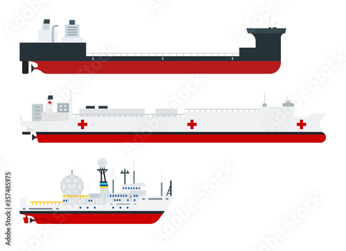 Illustration of different types of ships, cargo, hospital and research vessel vector illustration