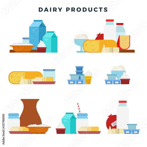 Dairy products vector set flat icons. Different traditional dairy products from milk.