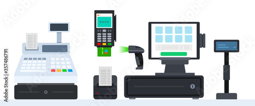 A set of devices for paying for goods and services in various ways flat vector set