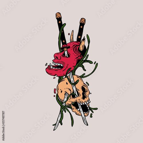 Hannya's demonic mask and skull pierced by a sword