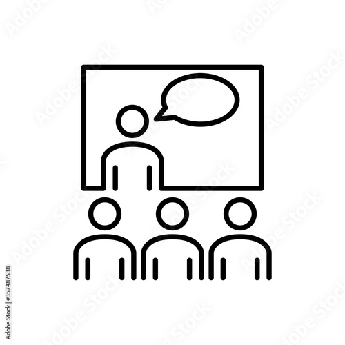 Símbolo curso de formación. Icono plano hombre con pizarron y burbuja de habla con público en color negro