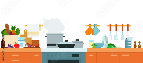 Interior modern kitchen with furniture and built-in appliances vector illustration in a flat design.