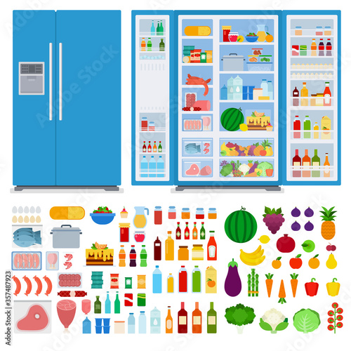 Refrigerator with closed and opened door. Set different foods. Vector flat illustrations.
