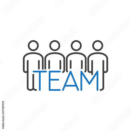 Concepto trabajo en equipo. Icono plano lineal palabra team con grupo de personas de pie en azul y negro