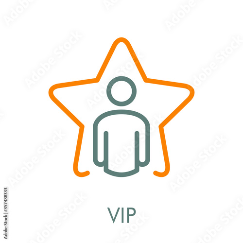 Icono plano lineal palabra VIP con hombre en estrella en gris y naranja