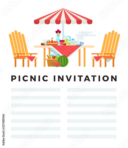Picnic invitation. Vector flat illustration with space for text. Concept summer picnic.