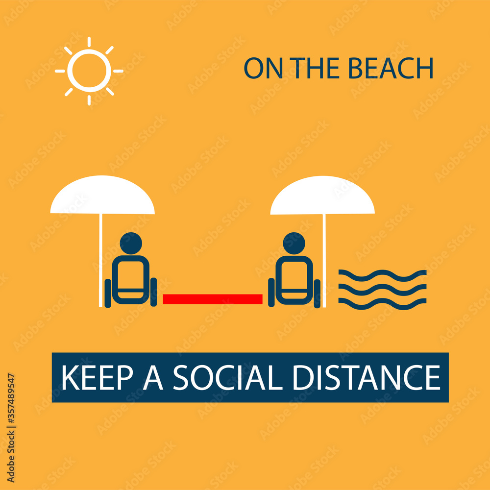 Keep a social distance on the beach. This is the new normal. Prevention of infection. Vector flat illustration Keep a social distance on the beach. This is the new normal. Prevention of infection. Vector flat illustration