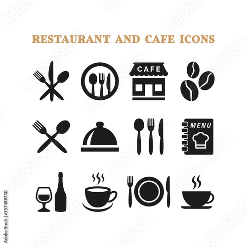 Restaurant and cafe icons set on white background.