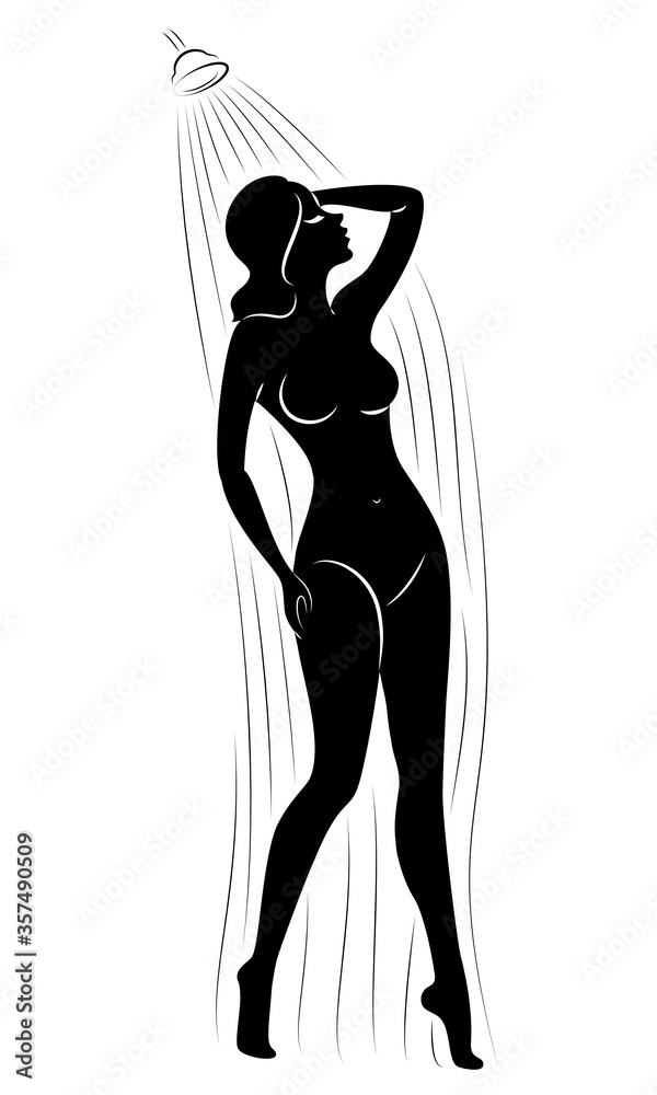 Silhouette of a cute young lady. The girl washes in the shower. The woman has a slim beautiful figure. Vector illustration Silhouette of a cute young lady. The girl washes in the shower. The woman has a slim beautiful figure. Vector illustration