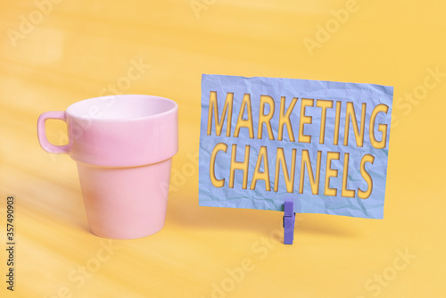 Handwriting text Marketing Channels. Conceptual photo the necessary to transfer the ownership of goods Cup empty paper blue clothespin rectangle shaped reminder yellow office photo