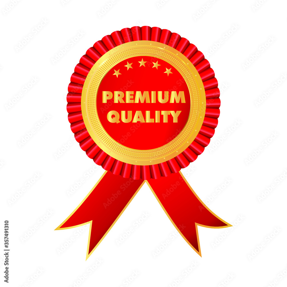 Premium quality red label with stars and ribbons. Round sticker icon for shopping. Stock vector illustration isolated on white background. Premium quality red label with stars and ribbons. Round sticker icon for shopping. Stock vector illustration isolated on white background.