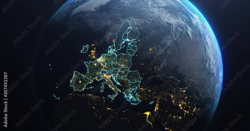 Planet Earth from Space European Union Countries highlighted teal glow, 2020 political borders and counties, city lights, animation 3d illustration, elements of this image courtesy of NASA