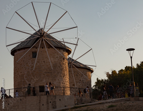 Iconic figures of old windmills From Alacati, Cesme, Izmir, Turkey.