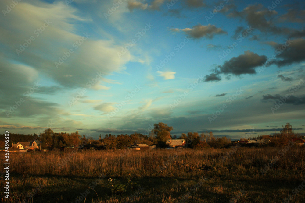 Fototapeta premium summer landscape with village houses and fields at sunset