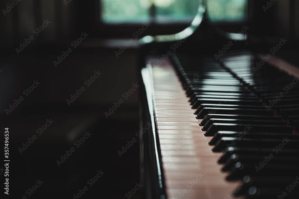 Grand piano keys, close up of piano keys
