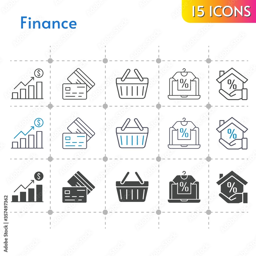 finance icon set. included profits, online shop, mortgage, shopping-basket, credit card, shopping basket icons on white background. linear, bicolor, filled styles.