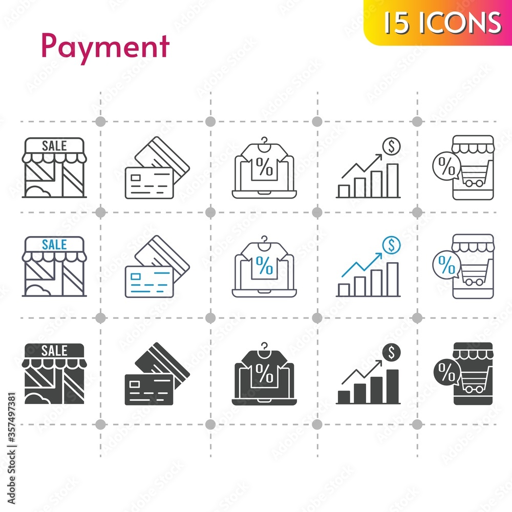 payment icon set. included online shop, profits, shop, credit card icons on white background. linear, bicolor, filled styles.