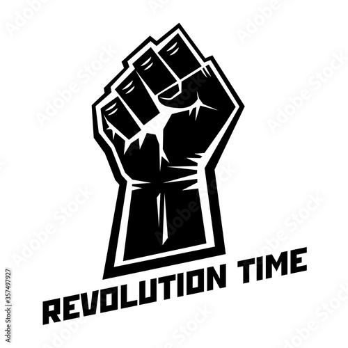 Black fist of revolution time. Clenched strong fist sticker icon. Illustration, vector