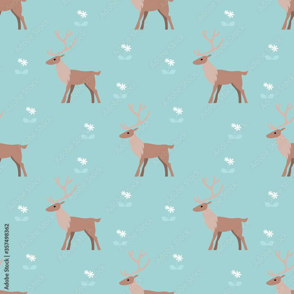 Seamless pattern with horned cariboo deers and small white flowers. For winter or spring design